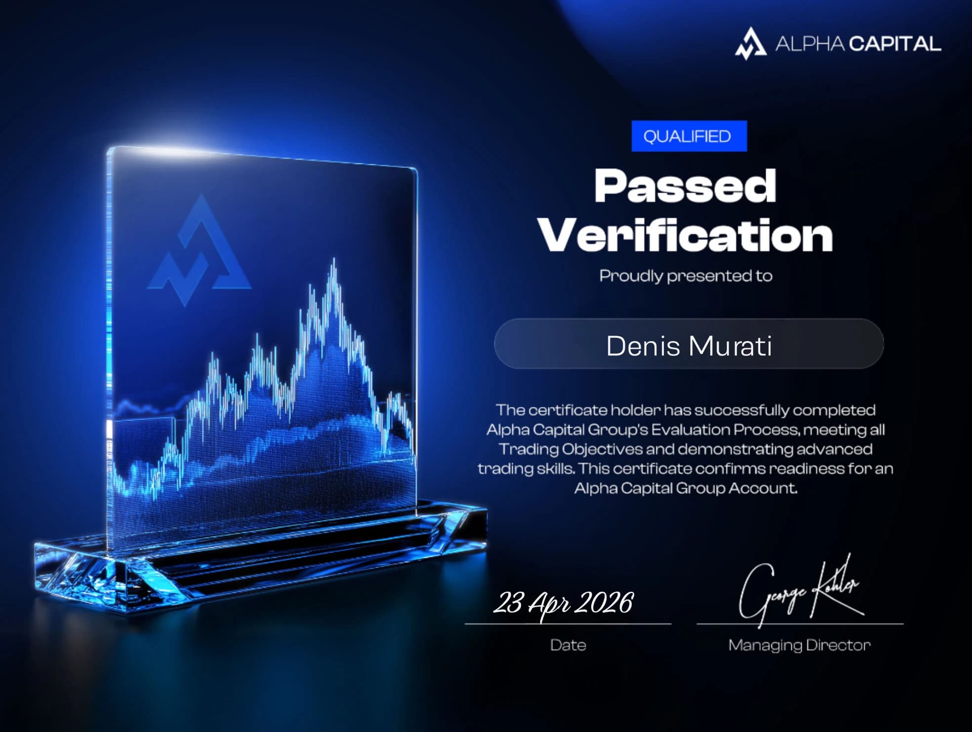 Denis Murati — Alpha Capital Passed Verification certificate