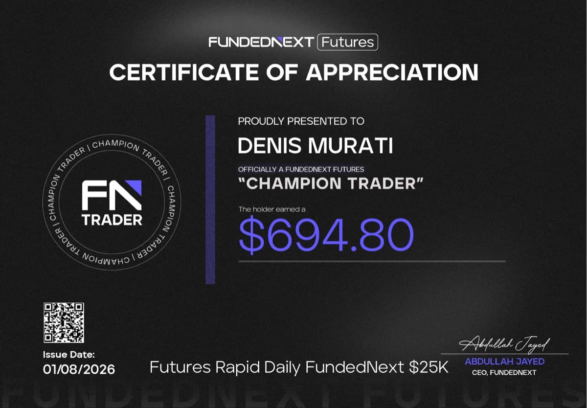 Denis Murati — FundedNext Futures Champion Trader, $694.80 certificate