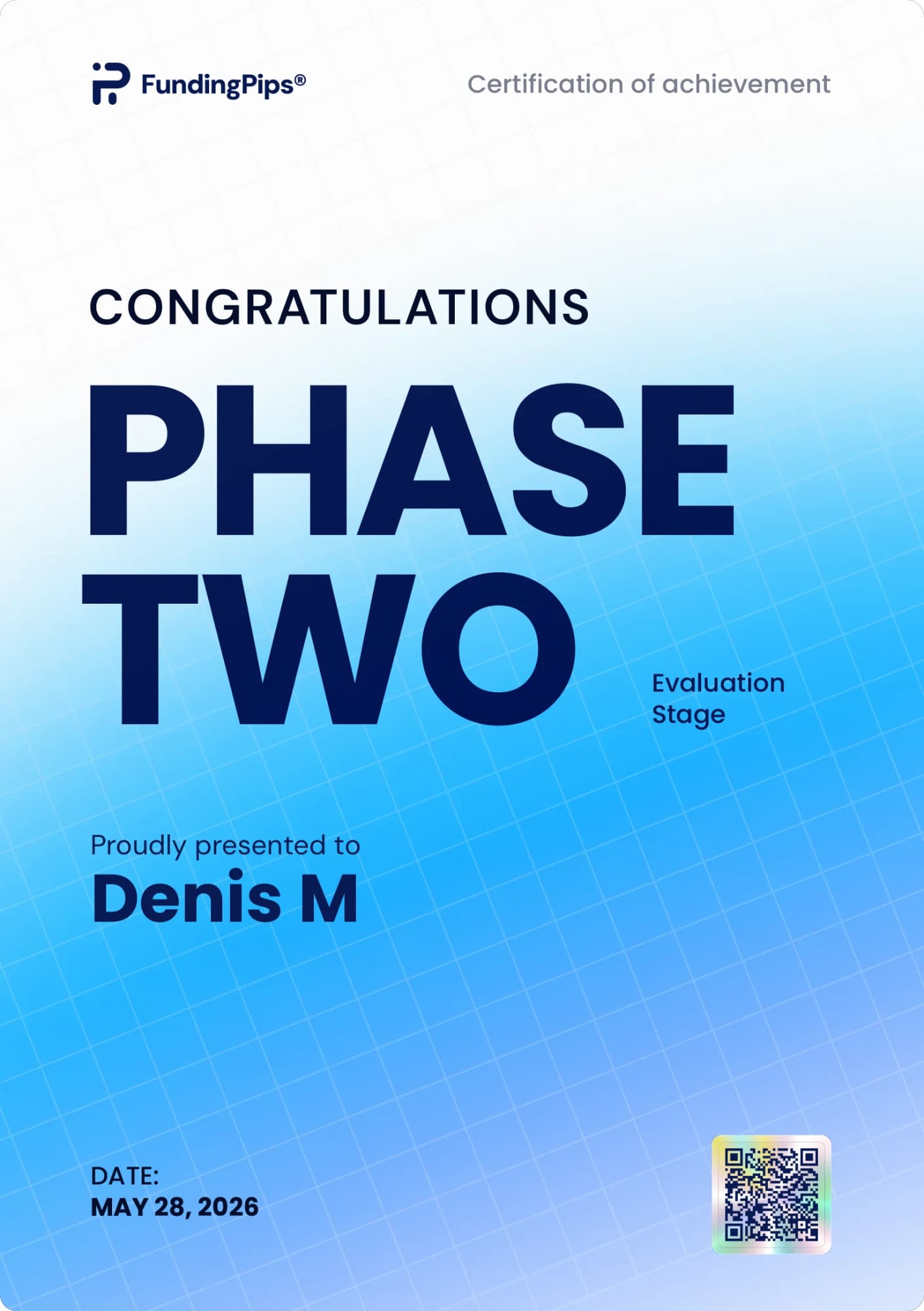 Denis Murati — FundingPips Phase Two, Evaluation Stage certificate
