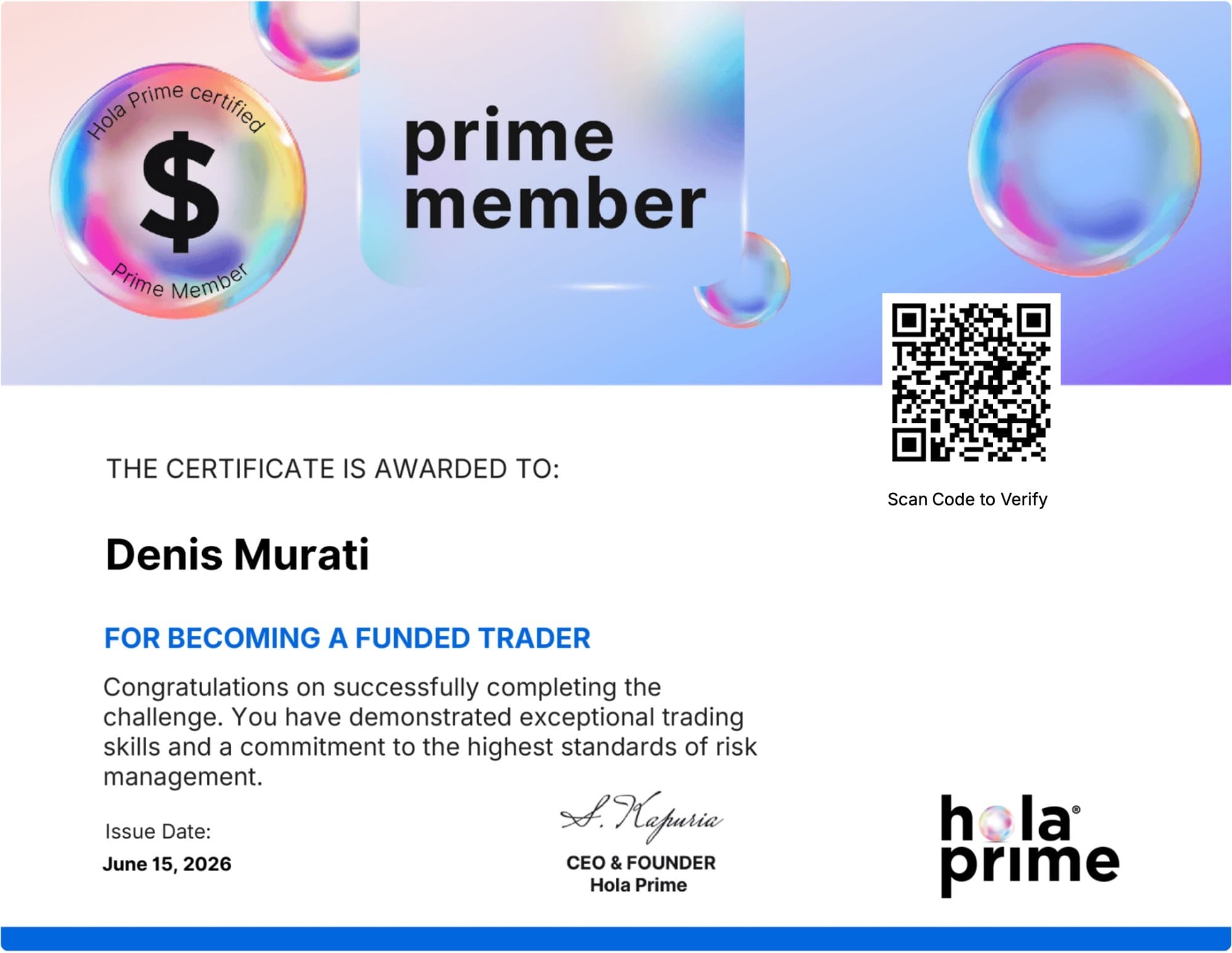 Denis Murati — Hola Prime Funded Trader certificate