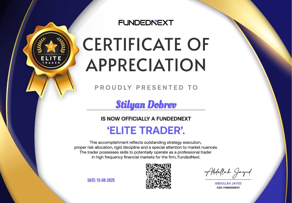 Stilyan Dobrev — FundedNext Elite Trader certificate