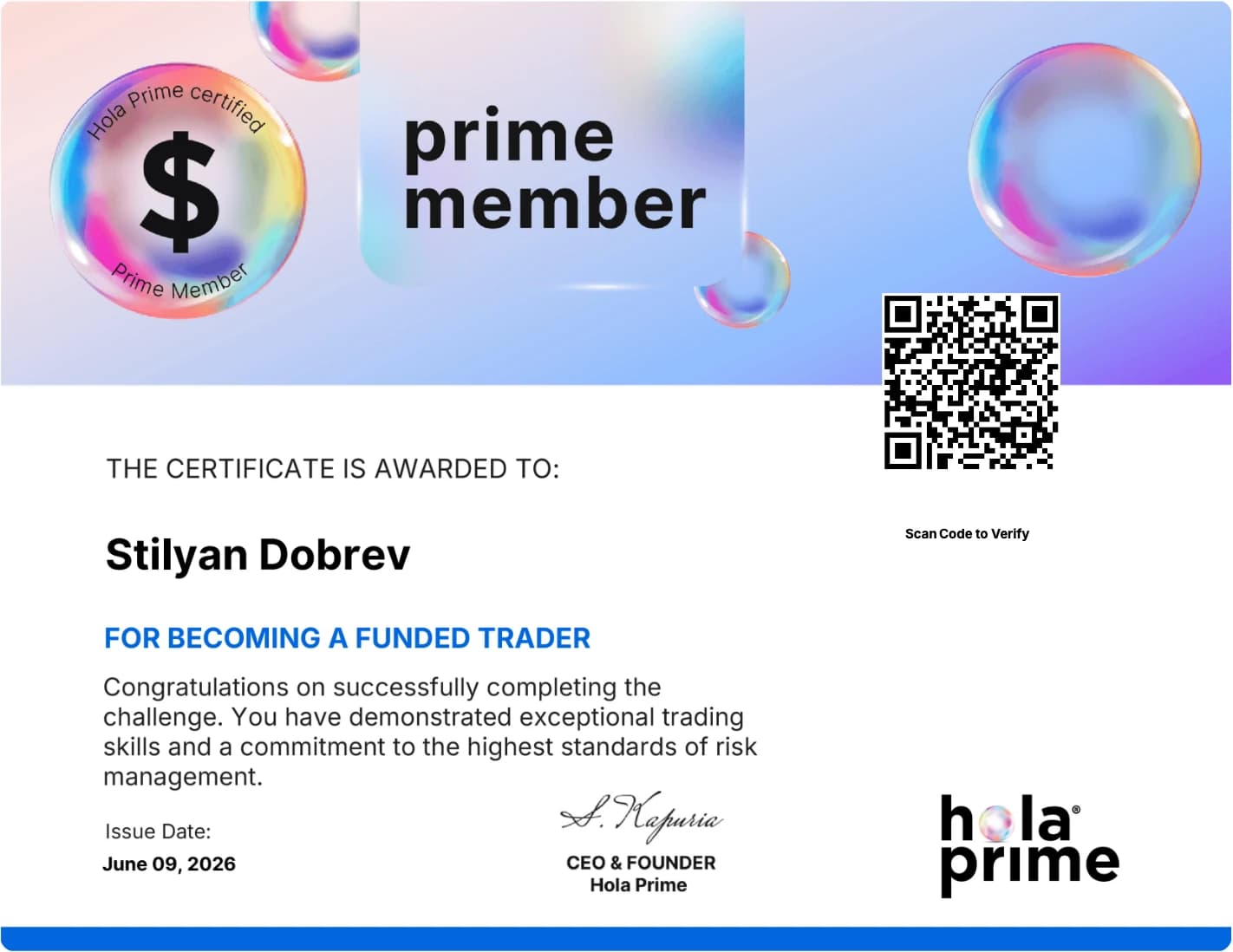 Stilyan Dobrev — Hola Prime Funded Trader certificate
